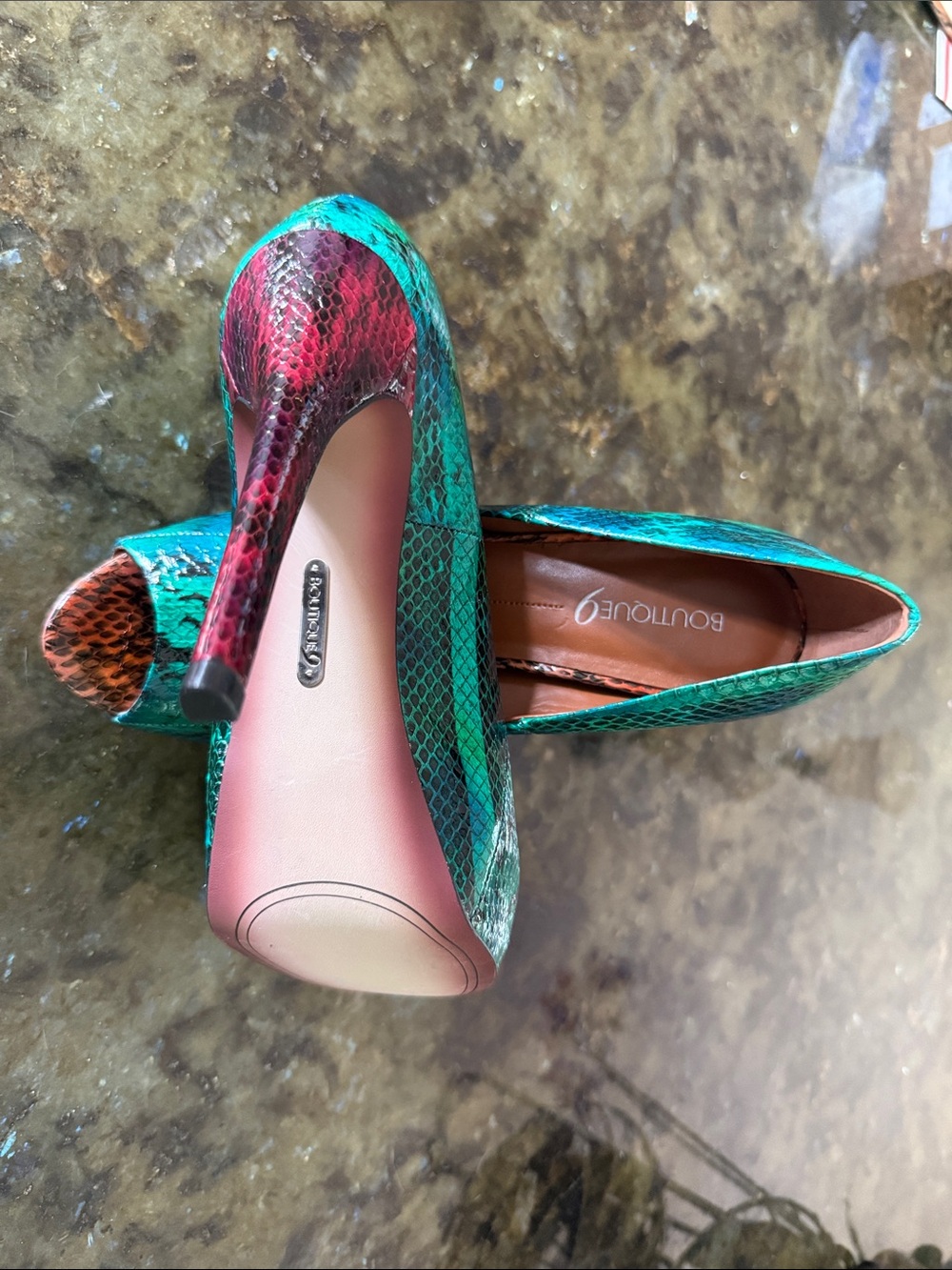 Boutique 9 Teal and Pink Snake-Print Stiletto Pumps - Picture 3 of 5